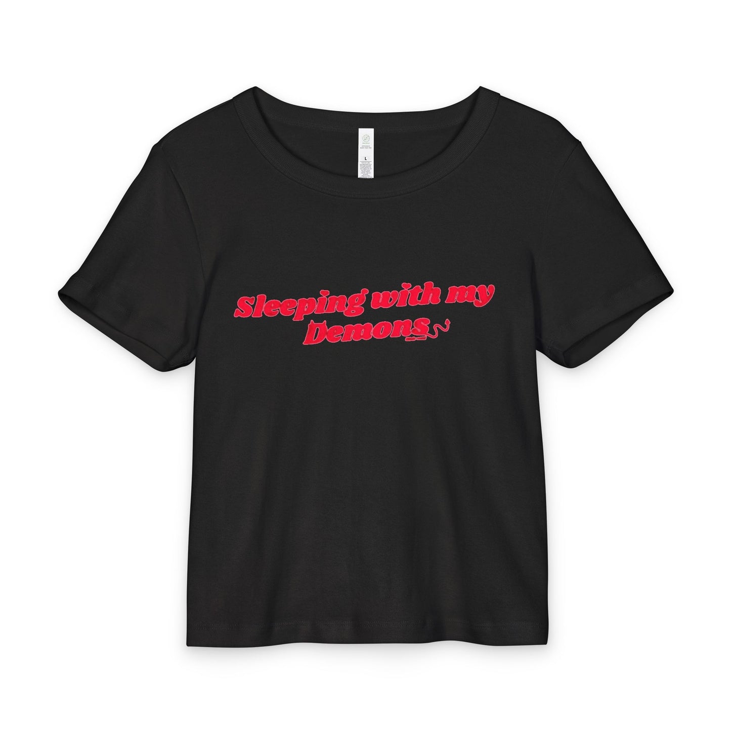 Sleeping With My Demons Crop Tee — Funny Black Rib Baby Tee with Red Print