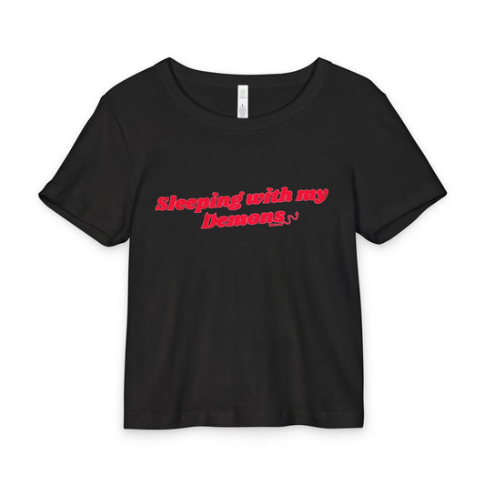 Sleeping With My Demons Crop Tee — Funny Black Rib Baby Tee with Red Print