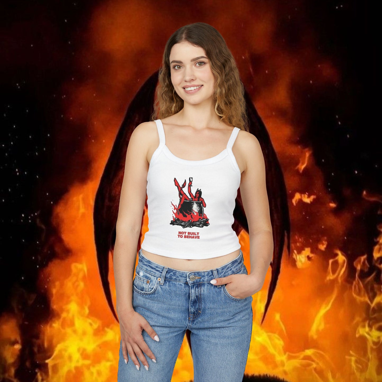 Not Built to Behave Spaghetti Strap Tank — Devil Woman Wine Graphic