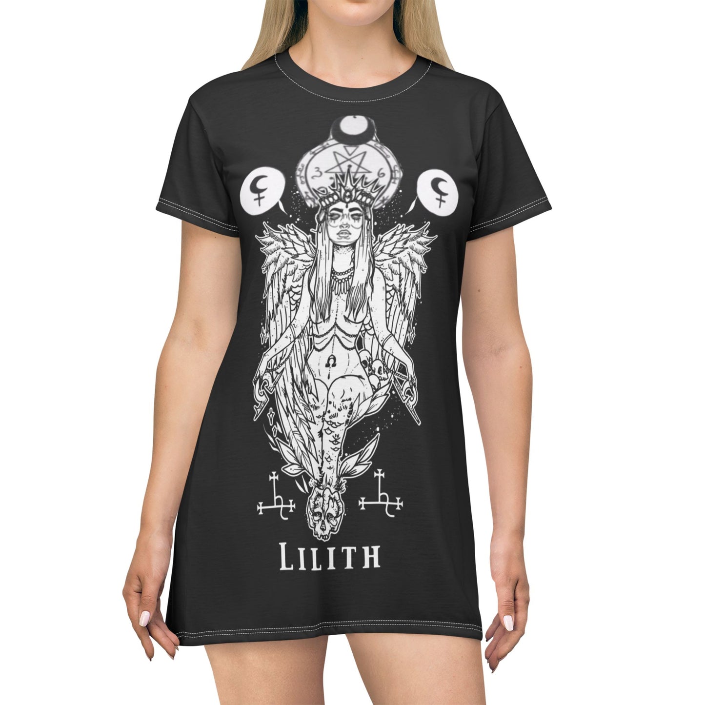 Lilith Goddess Graphic T-Shirt Dress — Bold Black AOP Dress