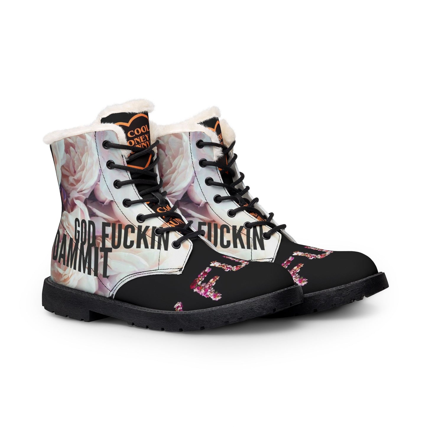 'God Fuckin Dammit' Floral Combat Boots for Women